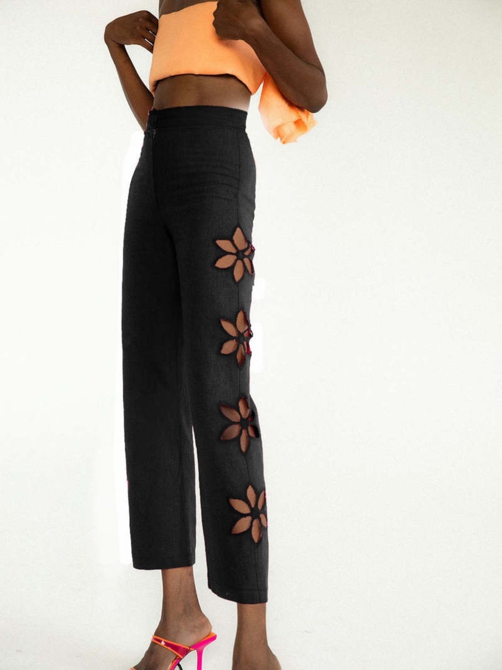Tach Clothing Jorgelina Linen Pants Flower Cut Out in Black Sz XS